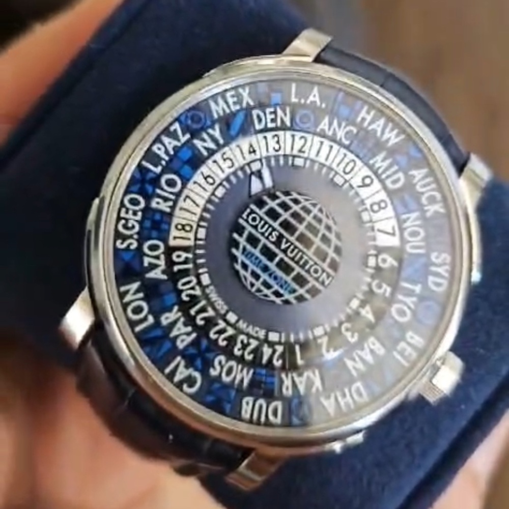 AUTH LOUIS VUITTON WATCH TIME ZONE Q5D22 AUTOMATIC WORLD SS LEATHER 39MM F/S